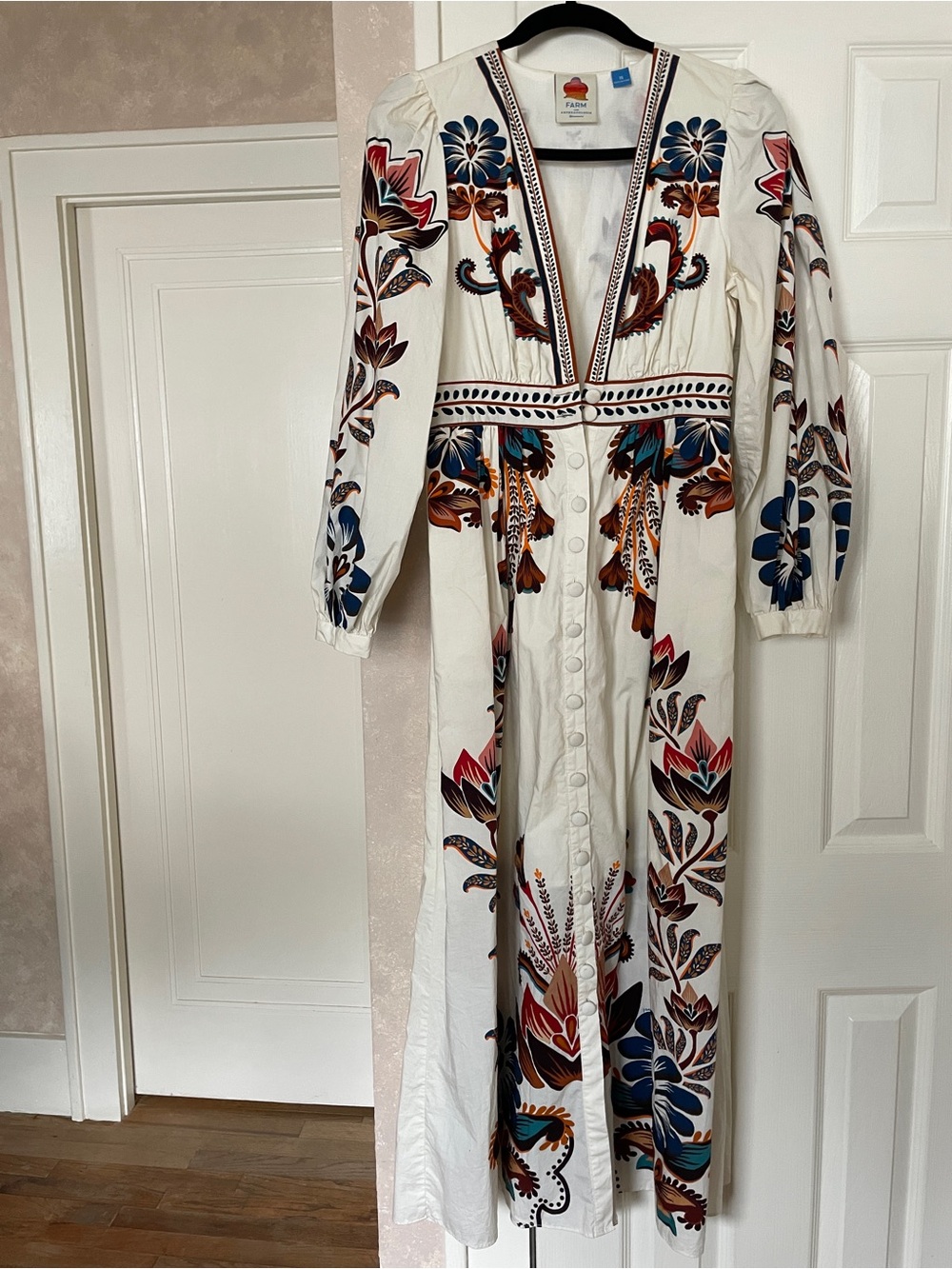 Anthropologie White Maxi Dress with Blue, Red, Brown Floral Print